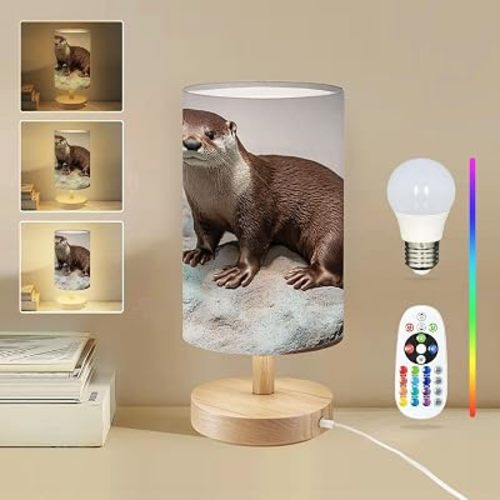 Bedside Table Lamp Otter More Animal Pictures Below 16-Way Dimmable Small Desk Lamp with Round Flaxen Fabric Shade for Nightstand Bedroom Living Room Home Decor