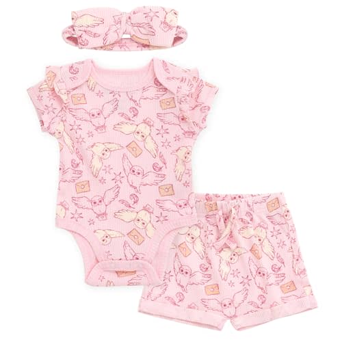 Harry Potter Baby Girls Ribbed Bodysuit, Shorts & Headband 3 Piece Outfit Set Newborn to Infant Sizes (Newborn - 24 Months)