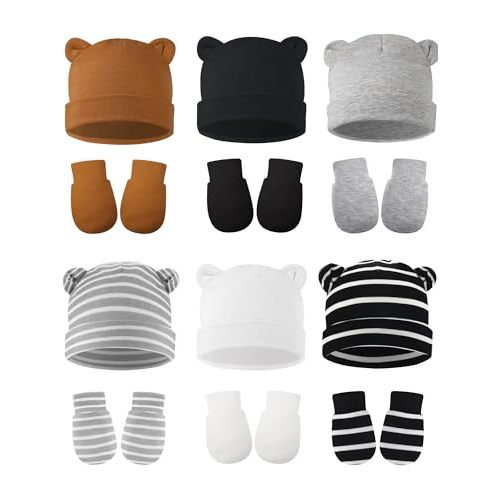 Geyoga 12 Pieces Newborn Hat Mittens Gloves Set Baby Boys Girls Cotton Baby Beanie for 0-12 Months