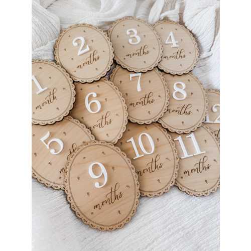 Baby Milestone Markers | Wooden Oval Set - Scalloped Edges | Monthly Photo Props | Delicate Floral Design | Baby Shower Gift