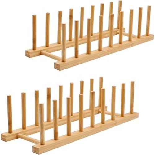 2PC Bamboo Wooden Dish Drying Rack, 8-Slot Plate Rack Cabinet Dish Stand Organizer for Kitchen Counter, Drainer Storage Holder for Bowl/Cup/Lid/Cutting Board/Book, Space-Saving Design