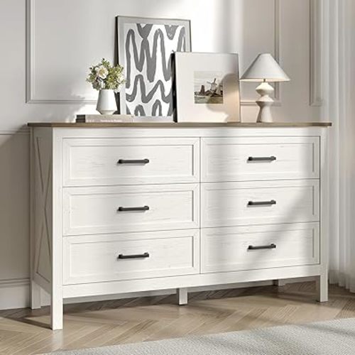 Farmhouse 6 Drawers Dresser for Bedroom, Modern Dresser with Metal Handle, Natural Texture, Wood Rustic Chest of Drawers for Bedroom, Living Room, Hallway and Entryway, Antique White