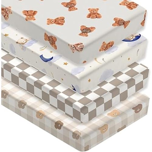 4 Pack Teddy Bear Crib Sheet Set for Boys or Girls, Neutral Soft Breathable Fitted Checkered Crib Sheet, Bear Nursery Decor for Standard Crib and Toddler Bed Mattresses 28 x 52 in