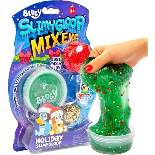 Bluey Holiday SLIMYGLOOP Mix’EMS, Peppermint-Scented Glossy Slime, 3 Fun Slime Add Ins, Bingsu Beads, Mini Foam Balls, Collectible Rubber Charm, Fun Stocking Stuffers, Gifts for Kids, Sensory Toys