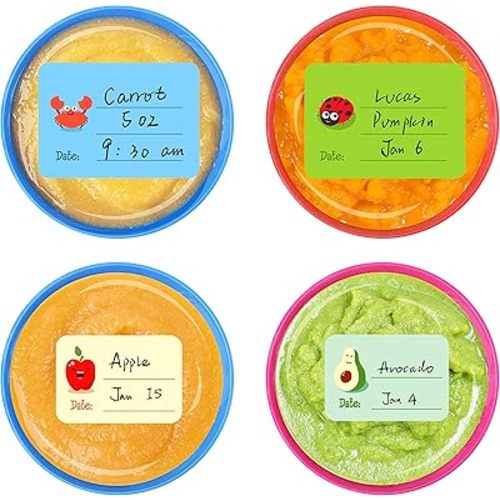 240 PCS Baby Food Labels Set in 2 Sizes and 45 Designs Water Resistant for Food Containers, Jars
