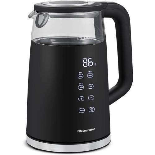 Elite Gourmet EKT8717 1.7L Dual Wall Cool Touch Electric Tea Kettle, Borosilicate Glass, 304 Stainless Steel Interior, Programmed Digital Touchscreen, Keep Warm, Auto Off & Audible Indicator, Black