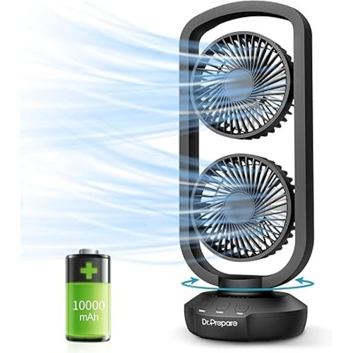 DR.PREPARE Small Desk Tower Fan 15'' Portable Table Battery Operated Fan with 270° Tilt, 105° Oscillating, 3 Speeds, Rechargeable USB Oscillating Fan for Bedroom, Office, Home, Camping and Outdoor