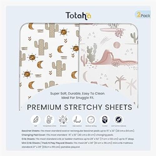 TotAha Cactus Pack N Play Sheets, Premium Stretch Fitted Portable Mini Cribs Playards Sheets, Ultra Soft Breathable Jersey Knit Mini Crib Sheet, 2 Pack