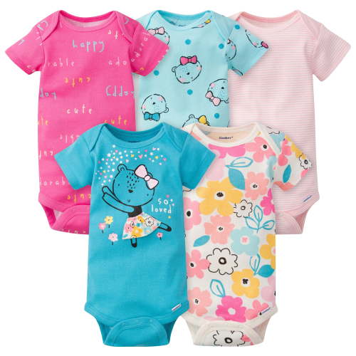 Gerber Onesies Brand Baby Girl Short Sleeve Bodysuits, 5 Pack, Sizes Newborn - 24 Months