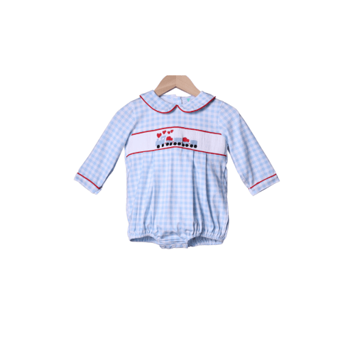 Smocked Love Train Blue Gingham Bubble