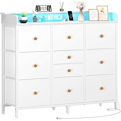 Yoobure Dresser for Bedroom with Charging Station and LED Lights, Tall Dresser TV Stand With 10 Storage Drawers,Fabric White Dressers & Chests of Drawers,Wood Dresser for Kids Bedroom Closet Organizer