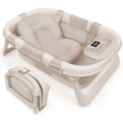 Jool Baby Foldable Baby Bathtub – Portable for Travel – Thermometer (Oat)