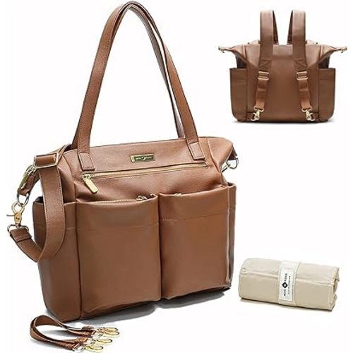 Diaper Bag Tote By miss fong Baby Bag Leather Diaper Bag Backpack Large Diaper Tote Bag for girls & boys Diaper Bag Purse with 11 Diaper Bag Organizer,Changing Pad, Stroller Straps,4 Insulated Pockets