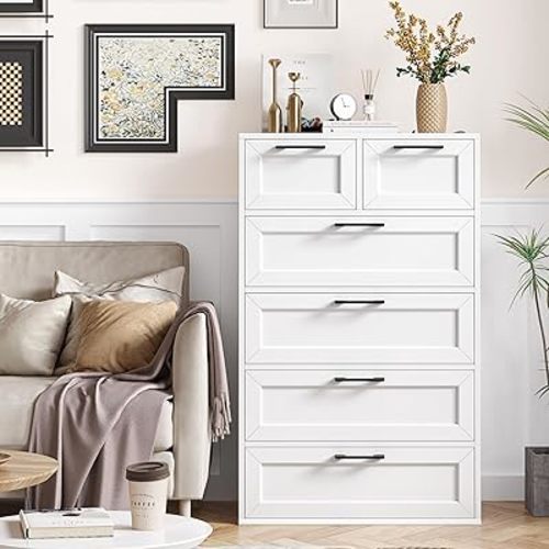 6 Drawer White Dresser, Tall White Dresser with Large Storage Space, Modern Wood Storage Chest of Drawers, for Living Room, Hallway, Entryway