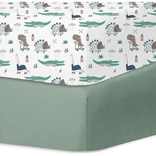 Little Grape Land Crib Sheets for Girls and Boys, 2pk Baby Crib Fitted Sheet for Standard Size Crib and Toddler Mattress, Super Soft Baby Sheet, Green Dinosaur