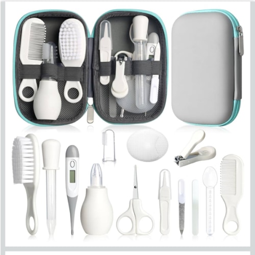 Baby Grooming Kit, Infant Safety Care Set with Hair Brush Comb Nail Clipper Nasal Aspirator,Baby Essentials Kit for Newborn Girls Boys (Grey White)