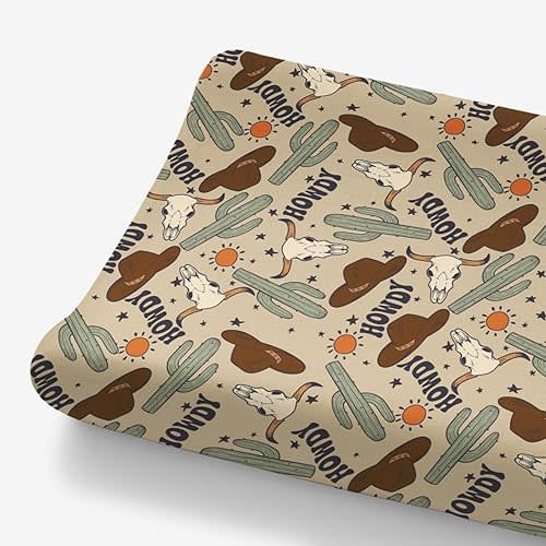 Western Cowboy Howdy Hat Cactus Changing Pad Cover for Baby Boys, Boho Wild West Cow Lover Sun Star Diaper Change Table Covers, Soft Stretchy Safe Snug Fitted Changing Mat Sheets Fit 32"/34" x 16"
