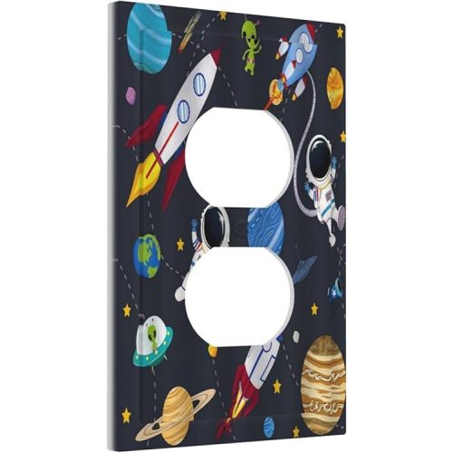 Rocket Planets Astronaut Blue Decorative 1 Gang Single Duplex Light Switch Plate Outlet Cover Decorative Wall Plate Switchplate Electrical Faceplate for Nursery Kidsroom Bedroom Decor