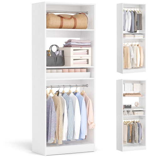 Homieasy 25” Closet System, Freestanding Closet Organizer Wardrobe with Hanging Rods and Shelves, Adjustable Clothes Garment Rack, Sturdy Walk in Closet Tower, White