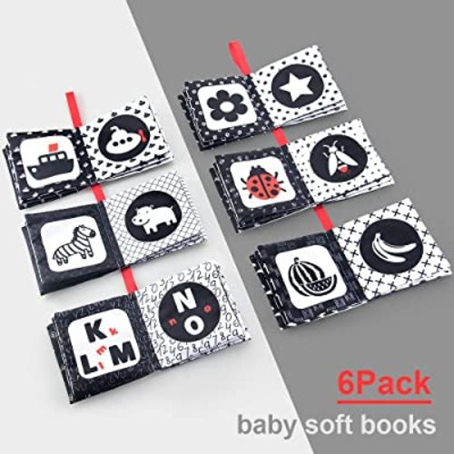 My First Soft Book,teytoy Nontoxic Fabric Baby Cloth Activity Crinkle Soft Black and White Book for Infants Boys and Girls Early Educational Toys Perfect for Baby Shower -Pack of 6