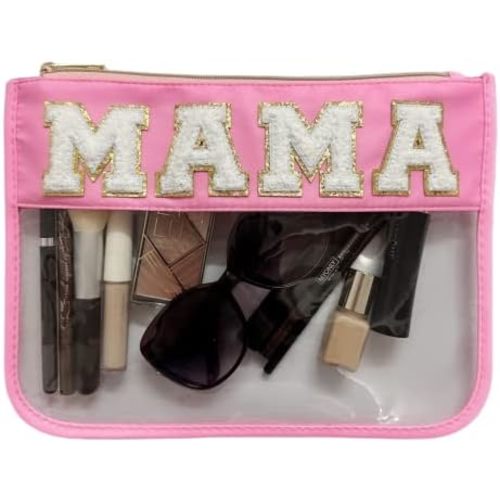 Clear Makeup Letter Bag,Letter Patch Makeup Bag,Chenille Letter bag,Stadium Letter Bags,Preppy Clear Makeup bags,Cosmetic Toiletry Clear Pouches bag for Women Girls (Pink-Mama)