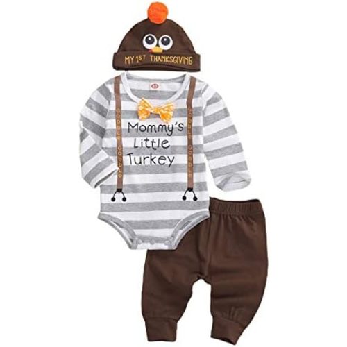My First Thanksgiving Baby Boy Girl Long Sleeve Turkey Romper Bodysuit + Brown Pants + Hat 3Pcs Fall Outfit Set
