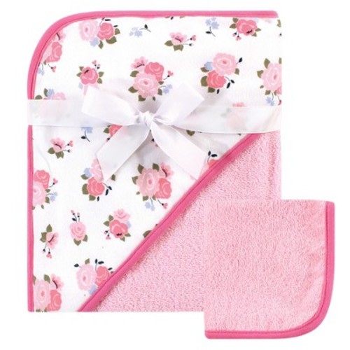 Luvable Friends Infant Girl Cotton Hooded Towel And Washcloth, Floral