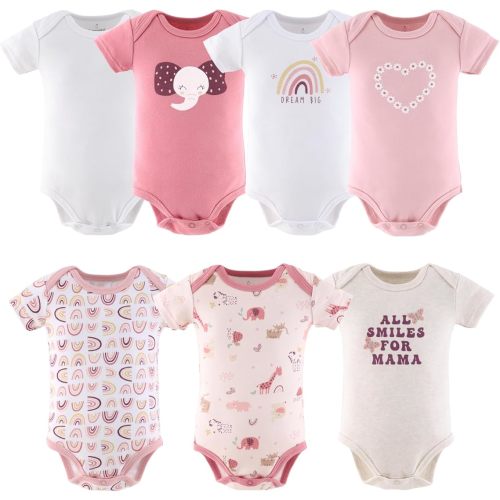 The Peanutshell Baby Bodysuits for Girls, Short Sleeve 7 Pack, Newborn to 24 Months, Rainbow Safari