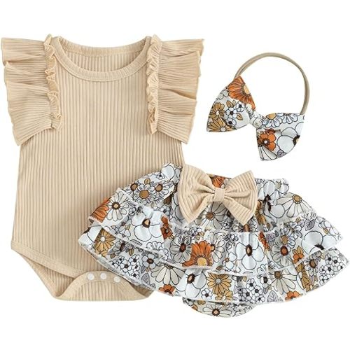 Kupretty Baby Girl Clothes Cute Summer Infant Outfits Ruffle Sleeveless Knit Romper + Floral Bow Bloomers Shorts + Headband