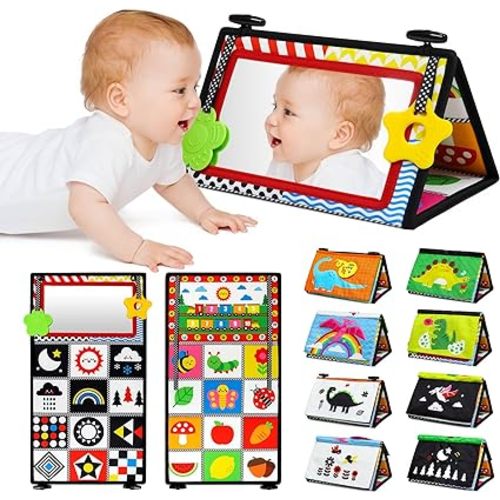 OKOOKO Tummy Time Floor Mirror Black and White High Contrast Baby Toy with Safe Mirror Soft Dinosaur Book Silicone Teethers Tummy Time Toy Montessori Sensory Toy for Newborn Baby Infant 0-12 Months