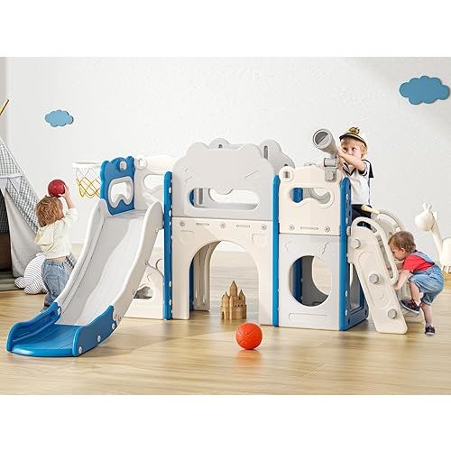 Toddler Slide Indoor, 8 in 1 Indoor Playground for Kids 1-3 Toddler Playset with Climber, Basketball Hoop, Tunnel and Storage Space Kids Outdoor Slide Playset (Blue)