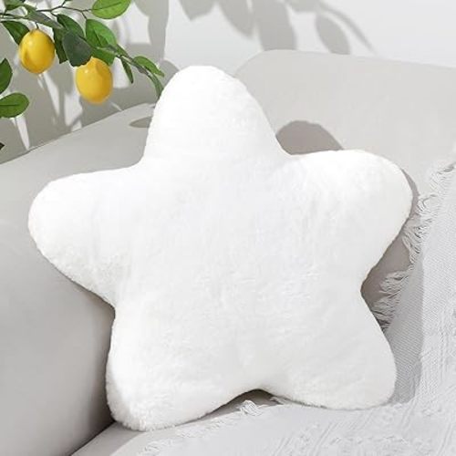Star Throw Pillow,Soft Star Shaped Pillow Decorative Throw Pillows for Bed Sofa Couch,Cute Star Shaped Throw Pillows with Faux Rabbit Fur for Home Decor(White,19.6")