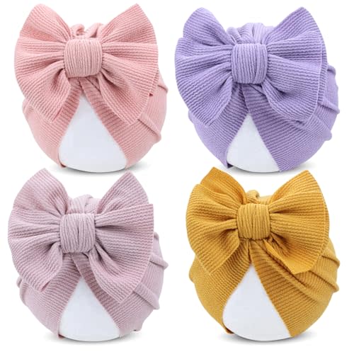Cinaci 4 Pieces Baby Girls Turban Hats with Bow Newborn Hospital Caps Bonnets Beanies Headwraps for Infants Toddlers