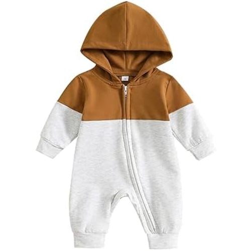 BemeyourBBs Newborn Baby Boy Clothes Color Block Long Sleeve Hooded Romper with Pocket Fall Winter One Piece Outfits