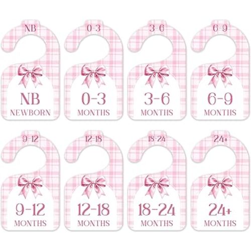 Pink Bow Baby Closet Dividers, Cute Gingham 8 Pack Double Sided Nursery Organizer From Newborn to 24 Months, Minimalist Clothes Size Hanger Separators for Boys Girls -14