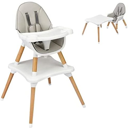 HONEY JOY Baby High Chair, 5-in-1 Convertible Wooden Highchair for Babies and Toddlers/ Table and Chair Set/ Booster Seat/ Toddler Chair with Safety Harness, 4-Position Removable Feeding Tray (Gray)