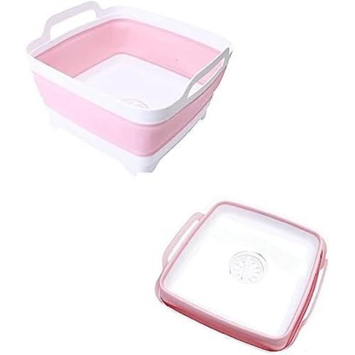 Dishpan for Washing Dishes,9L Collapsible Dish Tub Portable Sink,Wash Dish Basin,Foldable Laundry Tub,Washing Basin with Drain Plug,Dishpan for Kitchen Sink,Camping Dish Washing Tub,Pink