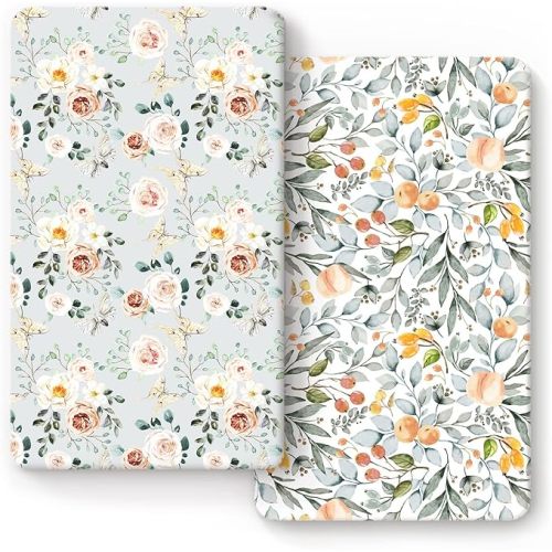 GRSSDER Stretchy Crib Sheets for Baby Girls, Ultra Soft Jersey Knit Fitted Crib Sheets 2 Pack, Universal Fits Most Toddler Crib Mattress Pads Safe and Snug, Stylish Flora Print