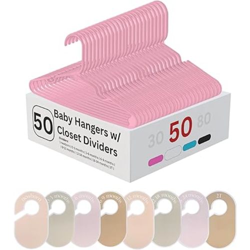 50 Pack Baby Hangers – Includes 8 Closet Dividers – Non-Slip Durable Hangers for Infant Clothes & Nursery Organization (Pink, 50)