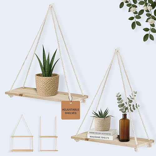 BASE ROOTS Hanging Shelves for Wall, Plants Hanging Shelf, Macrame Wall Hanging, Floating Shelves Boho Rope, Lightweight Rustic Wood, Triangle Floating Shelves Easy Hanging Shelves no Drill Set of 2