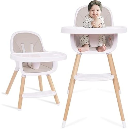 Convertible Baby High Chair, 3-in-1 Wooden Highchair/Toddler Chair with Removable Tray, Feeding & Dining Chair with 5-Point Harness, PU Cushion, Footrest for Babies & Toddlers, Taupe