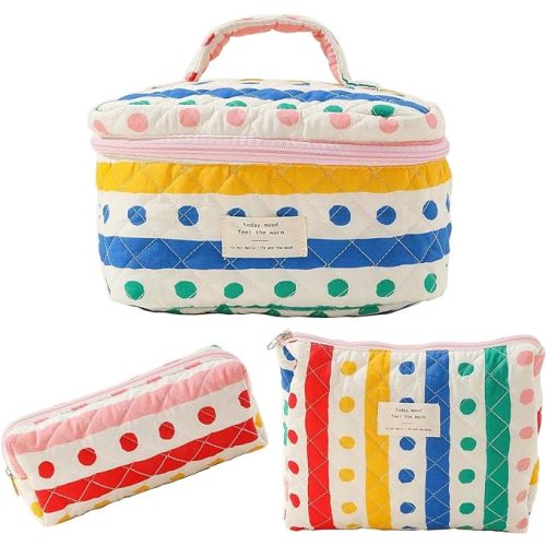 3Pcs Cotton Quilted Makeup Bag Large Travel Cosmetic Bag Coquette Makeup Pouch Cute Aesthetic Floral Toiletry Bag for Women Girls - Dots