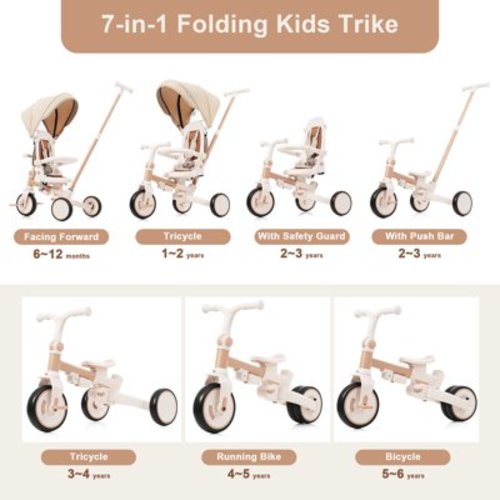 7-in-1 Baby Tricycle, Foldable Toddler Trike with Adjustable Parent Handle, Removable Pedal & Canopy, for Ages 12-72 Months, Light Brown