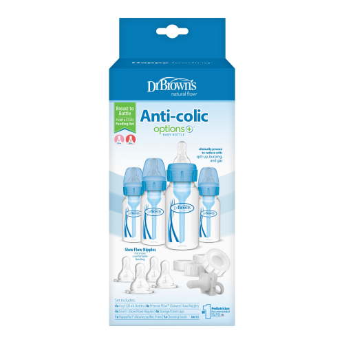 Dr. Brown's Natural Flow Anti-Colic Options+ Narrow Breast to Bottle Feeding Set, Blue, 4oz, 4 Pack