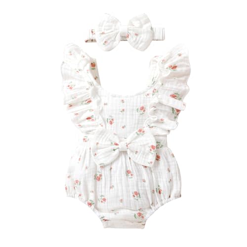 YOUNGER TREE Newborn Baby Girl Clothes Ruffle Sleeve Rompers Infant Backless Floral Jumpsuit Summer Outfits with Headband