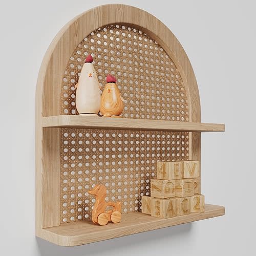 2 Tier Fan-shaped Rattan Wall Shelf, Nursery Shelf for Wall Storage, Natural Pine Wood Wicker Wall Shelf, Boho Shelf for Netural Nursery Decor, Decorative Shelf for Living Room, Bedroom & Bathroom