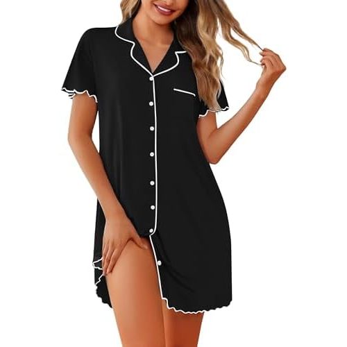 Ekouaer Nightgowns for Women Button Down Sleep Shirt Short Sleeve NightShirts Boyfriend Sleepdress Soft Pajama Dress
