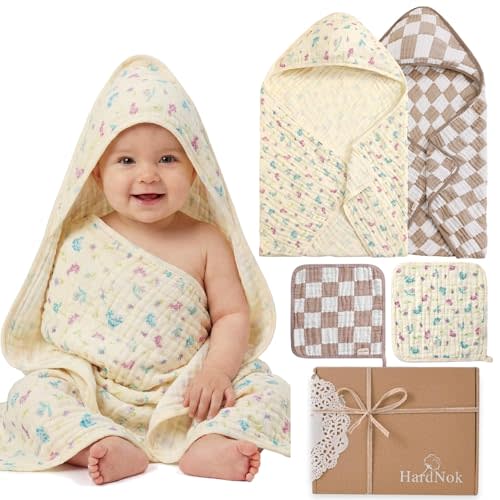 4-Piece Muslin Baby Towel Set - Made with Organic Cotton, (2) 6-Layer 32x32 Towels & (2) Washcloths, Bath, Beach & Pool Gift Set (Earthy Botanicals)