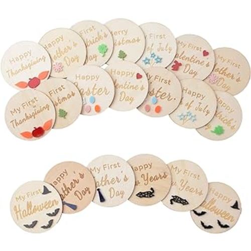 20 Pcs Wooden Baby Holiday Milestone Set, Happy Holiday Round Discs Baby Birth Announcement Sign First Holiday Growth Cards Photo Card Props Baby Shower