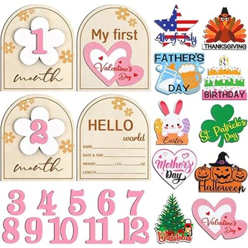 23 Pcs Baby Monthly Milestone Cards My First Holiday Wood Milestone Signs First Fathers Day 4th of July Interchangeable Number Set Baby Announcement Wood Discs for Newborn Growth Recording